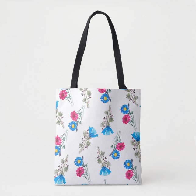 Watercolor botanical pattern of bright pink spring tote bag (Front)