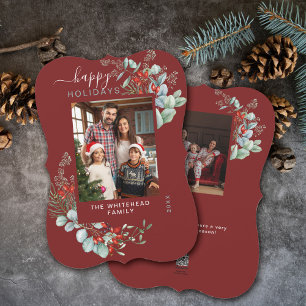 Watercolor Botanical Photo Burgundy Holiday Card