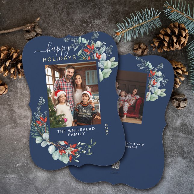 Watercolor Botanical Photo Navy Blue Holiday Card (You will love these beautiful Christmas cards! They feature botanical watercolor pine and berries.)