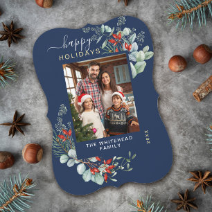 Watercolor Botanical Photo Navy Holiday Card