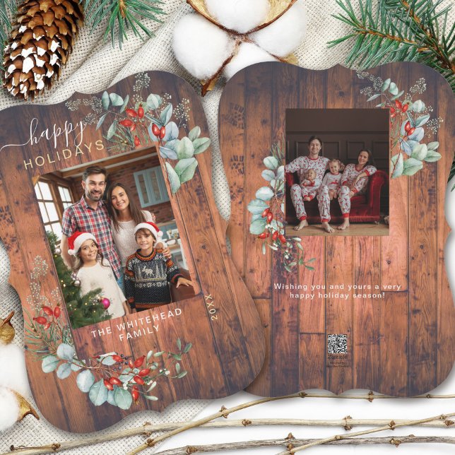 Watercolor Botanical Photo Wood Holiday Card (You will love these beautiful Christmas cards! They feature botanical watercolor pine and berries.)