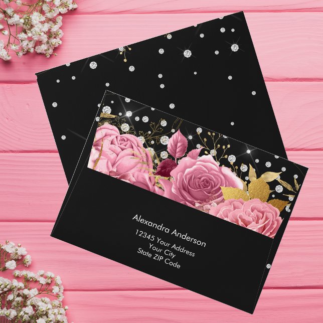 Watercolor Botanical Pink Flowers Diamonds Glitter Envelope (Watercolor Botanical Pink Flowers Diamonds Glitter Envelope)