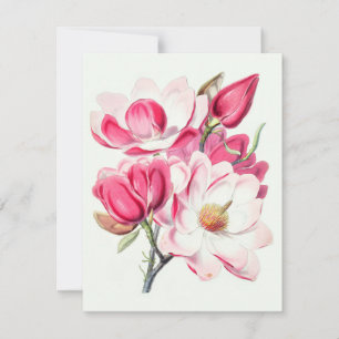 Watercolor Botanical Pink Magnolia Flowers Card