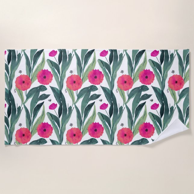 Watercolor Botanical Poppies Floral Pattern Beach Towel (Front)