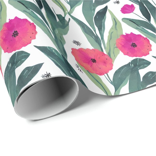 Watercolor Botanical Poppies Floral Pattern Wrapping Paper (Roll Corner)