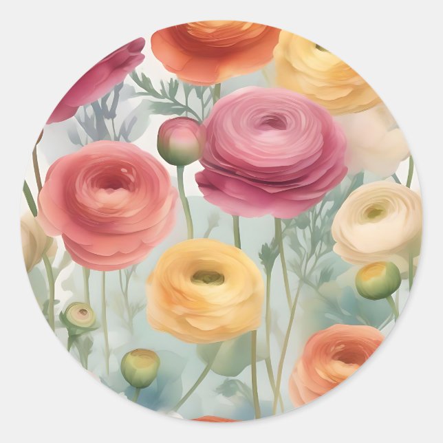 Watercolor Botanical Ranunculus Floral Pattern Classic Round Sticker (Front)