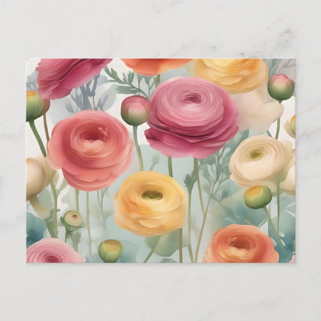 Watercolor Botanical Ranunculus Floral Pattern Postcard (Front)