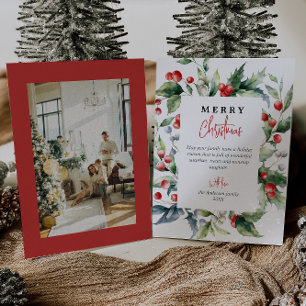 Watercolor Botanical Red Berries Photo Christmas   Holiday Card