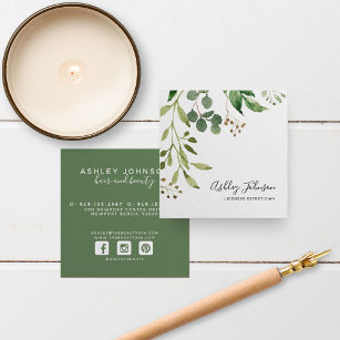 Watercolor Botanical Script Typography White Green Square Business Card
