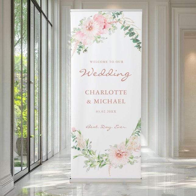 Watercolor Botanical Spring Wedding  Retractable Banner (Watercolor Botanical Spring Wedding Retractable Banner with your name and date.)