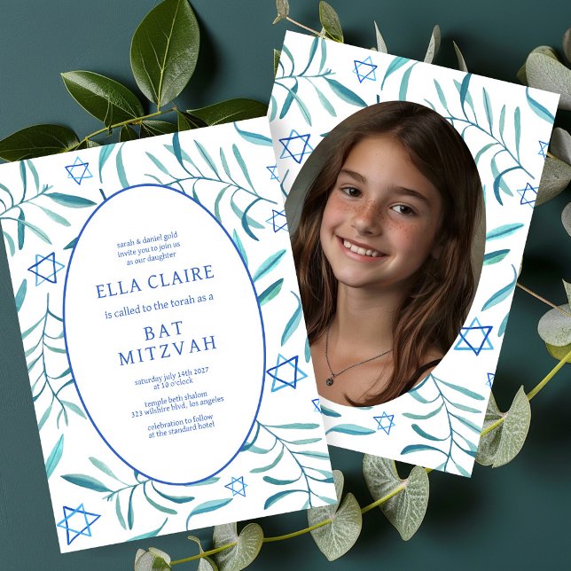 Watercolor Botanical Star Bar Bat Mitzvah Photo Invitation (Watercolor Botanical Star Bar Bat Mitzvah Custom Photo Invitation
)
