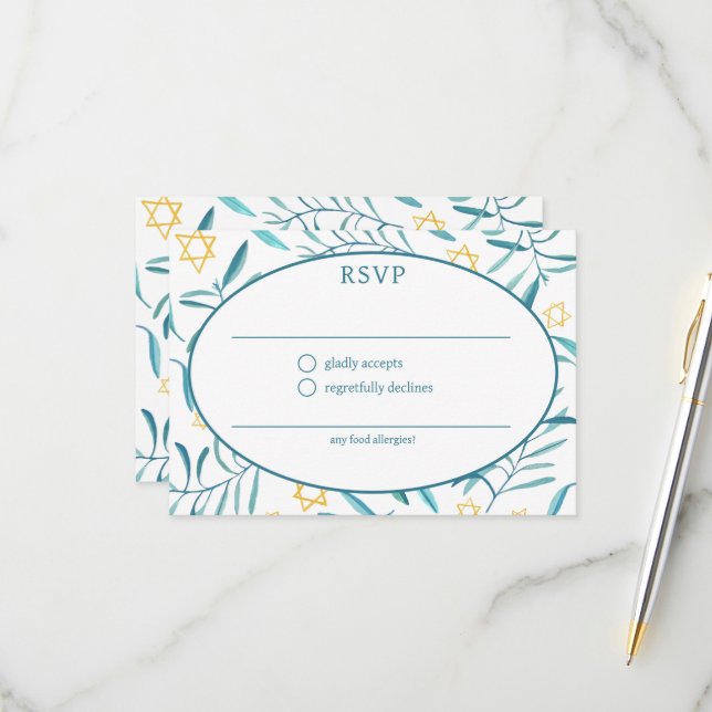 Watercolor Botanical Star David Bar Bat Mitzvah RSVP Card (Front/Back In Situ)