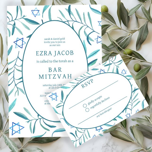 Watercolor Botanical Star David Bar Bat Mitzvah RSVP Card (Watercolor Botanical Star David Bar Bat Mitzvah RSVP Card
)