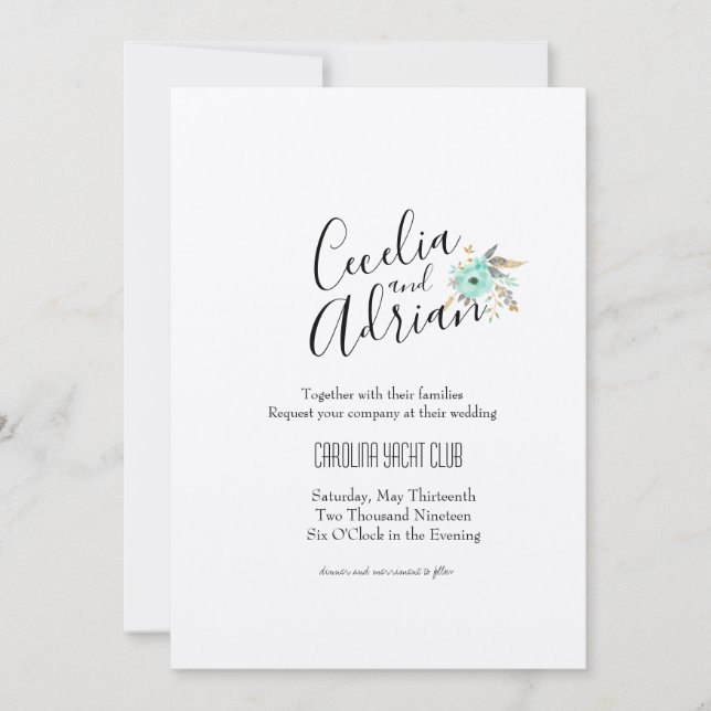 Watercolor Botanical  Teal Wedding Invitation (Front)