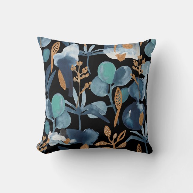 Watercolor Botanical Throw Pillow – Blue and Teal  (Front)
