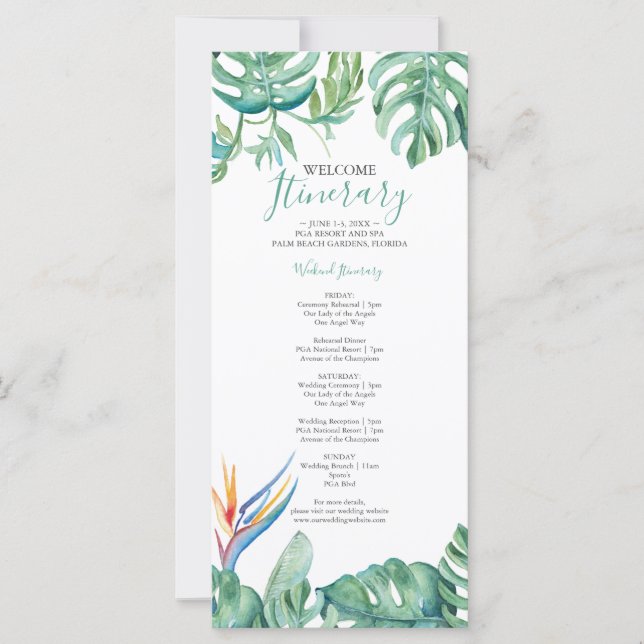 Watercolor Botanical Tropical Wedding Itinerary (Front)
