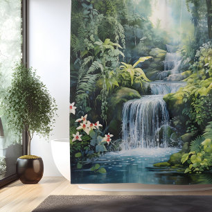 Watercolor Botanical Waterfall Oasis Shower Curtain