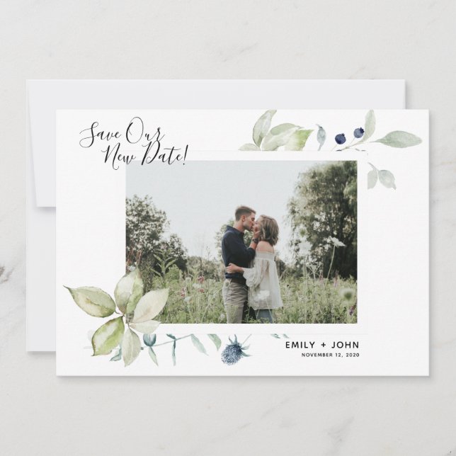 Watercolor Botanical Wedding Date Change Photo Announcement (Front)