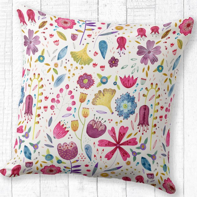 Watercolor Botanical Wildflower Hedgerow Painting Cushion (Watercolor floral wildflower pattern throw pillow)