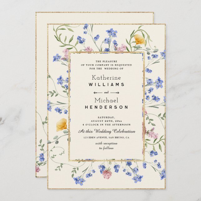 Watercolor Botanical Wildflower & QR Code Wedding Invitation (Front/Back)