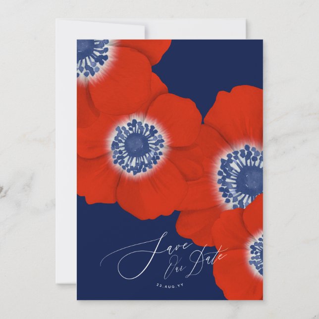 Watercolor Botanical Windflowers Navy Blue Wedding Save The Date (Back)