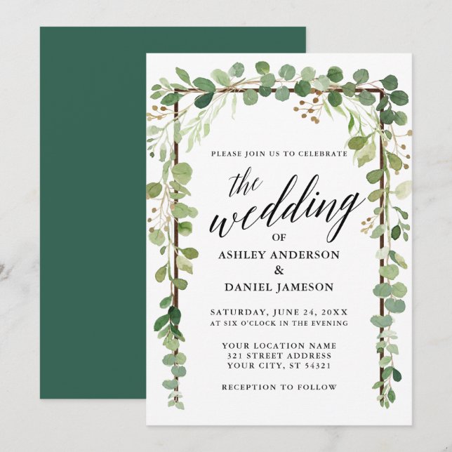 Watercolor Botanical Wood Calligraphy Wedding Invitation (Front/Back)