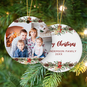 Watercolor Botanical Woodland Christmas Photo Ceramic Tree Decoration