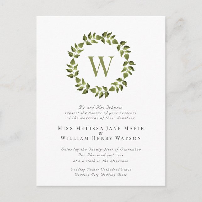 Watercolor Botanical Wreath Green Leaf Wedding Invitation Postcard (Front)