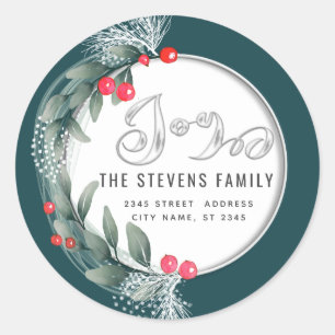 Watercolor  botanical wreath script joy winter classic round sticker