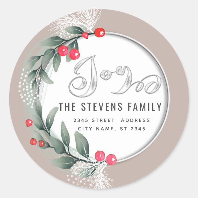Watercolor  botanical wreath script joy winter classic round sticker (Front)