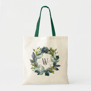 Watercolor Botanical Wreath Teal Green Monogram Tote Bag