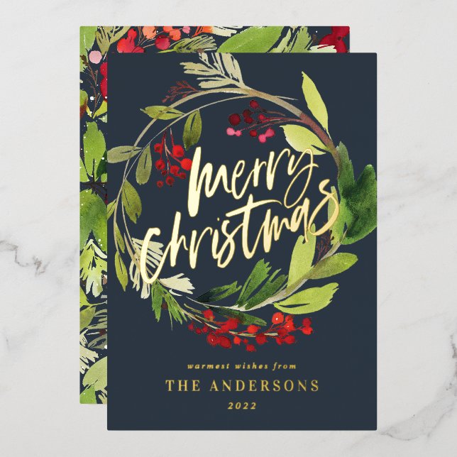 Watercolor botanical Wreathnavy blue Holiday (Front/Back)