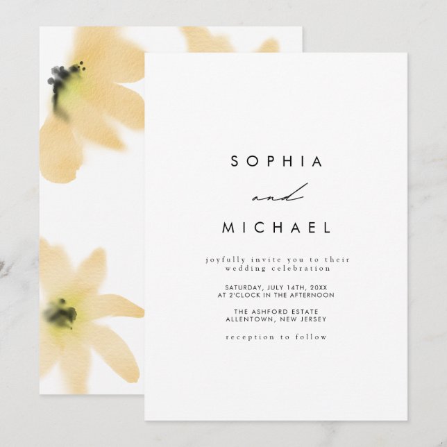 Watercolor Botanical Yellow Flowers Wedding Invitation (Front/Back)