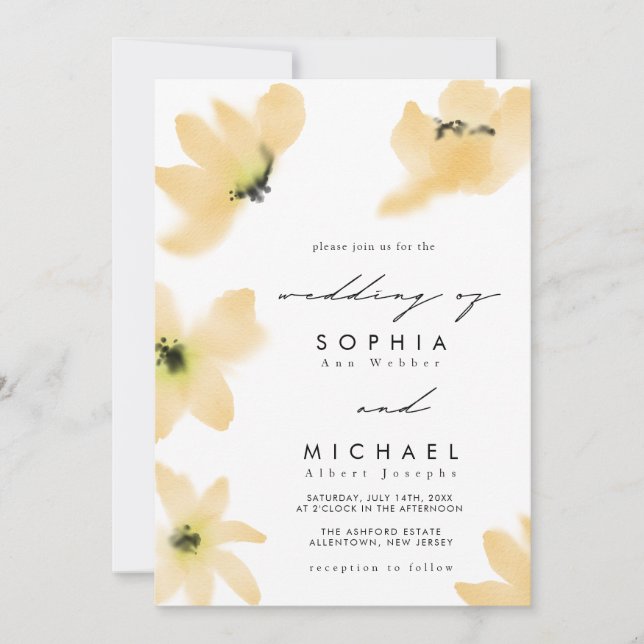 Watercolor Botanical Yellow Flowers Wedding Invitation (Front)