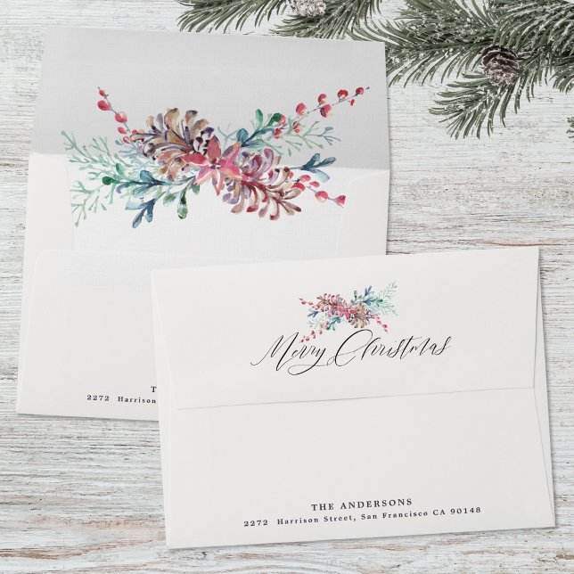 Watercolor Botanicals Address Merry Christmas  Envelope (Mockup View)