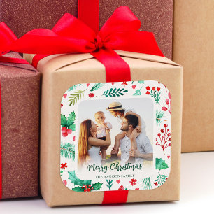 Watercolor Botanicals with Family Photo Christmas Square Sticker