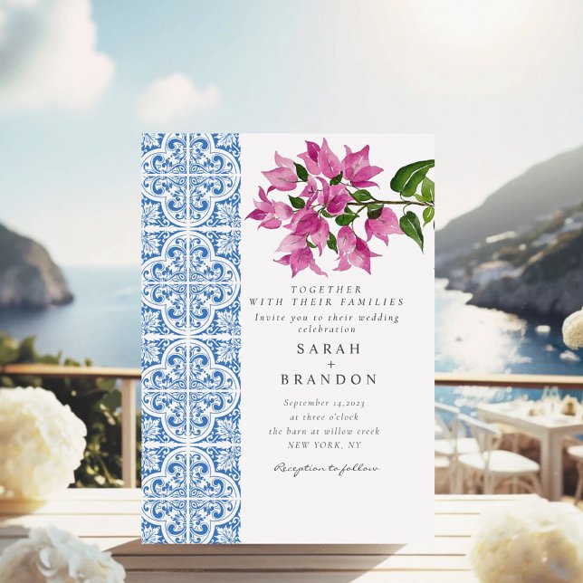 Watercolor Bougainvillea Blue tiles  Wedding Invitation (Creator Uploaded)