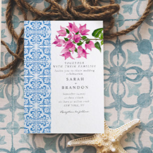 Watercolor Bougainvillea Blue tiles  Wedding Invitation