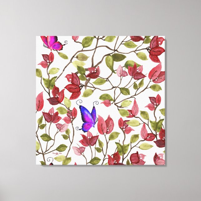 Watercolor Bougainvillea With Butterflies Canvas Print (Front)