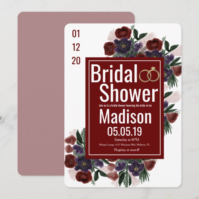Watercolor Bouquet Botany Burgundy Bridal Shower Invitation (Front/Back)