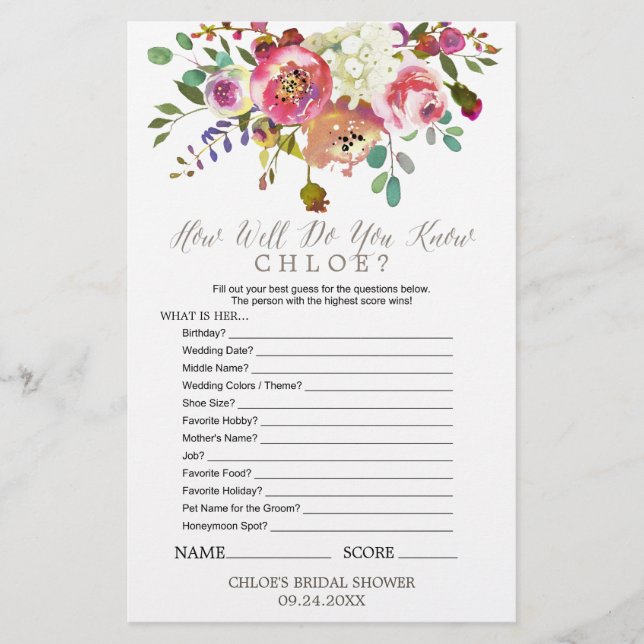 Watercolor Bouquet Do You Know the Bride Game (Front)