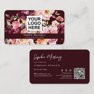 Watercolor Bouquet Floral Burgundy & QR Code Logo Business Card
