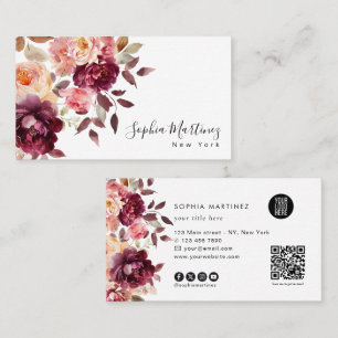 Watercolor Bouquet Floral Burgundy & QR Code Logo Business Card