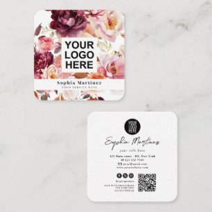 Watercolor Bouquet Floral Burgundy & QR Code Logo  Square Business Card