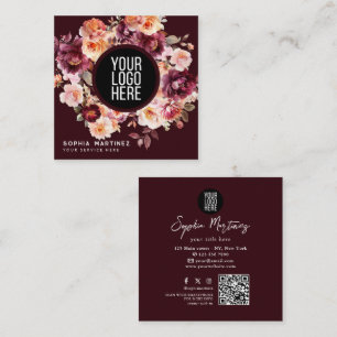 Watercolor Bouquet Floral Burgundy & QR Code Logo Square Business Card