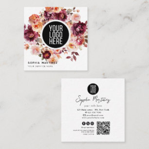 Watercolor Bouquet Floral Burgundy & QR Code Logo Square Business Card