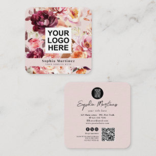 Watercolor Bouquet Floral Burgundy & QR Code Logo Square Business Card