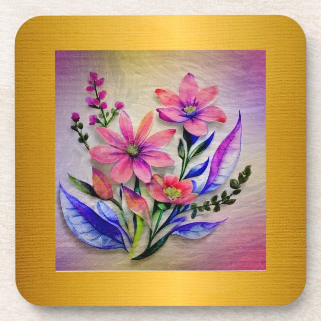 Watercolor Bouquet Flowers, Colourful Background   Coaster (Front)
