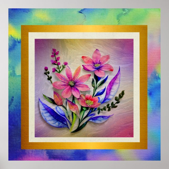 Watercolor Bouquet Flowers, Colourful Background   Poster (Front)