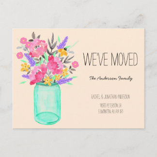 Watercolor Bouquet Mason Jar Flowers We've Moved Postcard